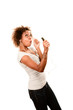 Pretty African American Woman with Personal Listening Device Pretty African American Woman with Personal Listening Device