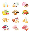 Colorful isolated raw and prepared food ingredient icons