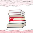 books stack and wavy flying letters collage