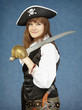 Beautiful woman in clothes of pirate on blue background