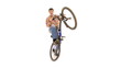 Boy riding a bike in jump isolated against white background