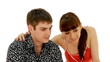 Young guy and girl use computer & speak on white background