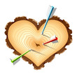 Wooden cross section of the heart shape with arrows. Vector.