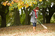 A young woman raking up autumn leaves