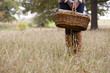 A young woman standing in a field, holding a wicker basket