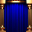 blue velvet curtains behind the gold columns