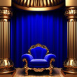 blue velvet curtains, gold columns and chair blue velvet curtains, gold columns and chair