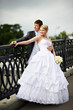 Happy bride and groom at wedding walk on bridge