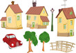 Set of small houses, trees the car and the bridge