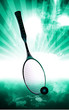 A tennis racket and ball placed in a floor