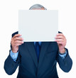 Business entrepreneur holding blank billboard over his face