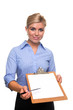Woman holding a clipboard with blank paper cut out.