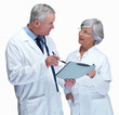 Doctor and nurse discussing over a report against white