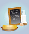 Ardoise recette des crêpes et assiette de crêpes sur fond bleu