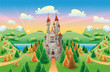 Panorama with medieval castle. Cartoon and vector illustration