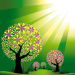 Abstract trees on green light burst background