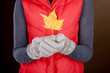 A woman holding an autumn leaf