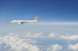 Airplane in the sky, over the cloudy sky