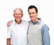 Handsome son with his father against white