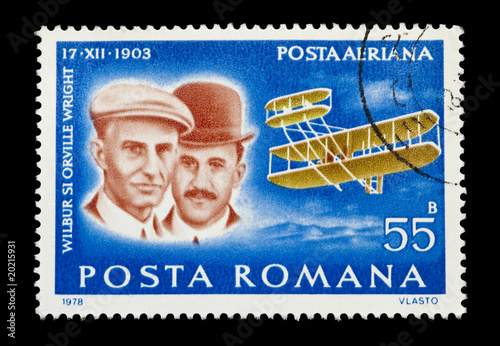 romanian mail stamp featuring the wright brothers first flight