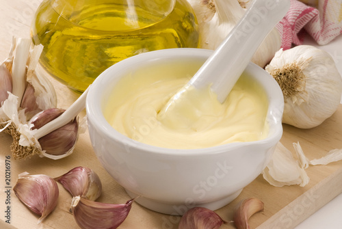 Photo: Spanish cuisine. Garlic mayonnaise sauce. Spanish cuisine. Garlic mayonnaise sauce.