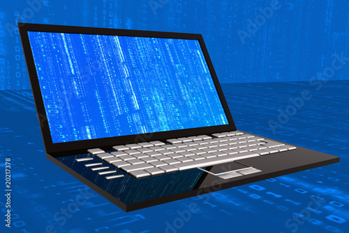 modern thin laptop displaying a binary code