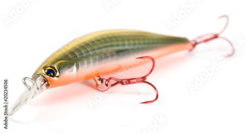Photo: Plastic fishing lure (wobbler) isolated on white Plastic fishing lure (wobbler) isolated on white