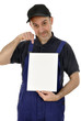 Photo: Handwerker mit Schild Handwerker mit Schild