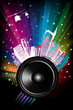 Rainbow Disco Background with city, speaker and stars Rainbow Disco Background with city, speaker and stars