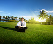 happy young businessman and sunset