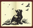 Moleskine drawing of a cat looking up at flying birds