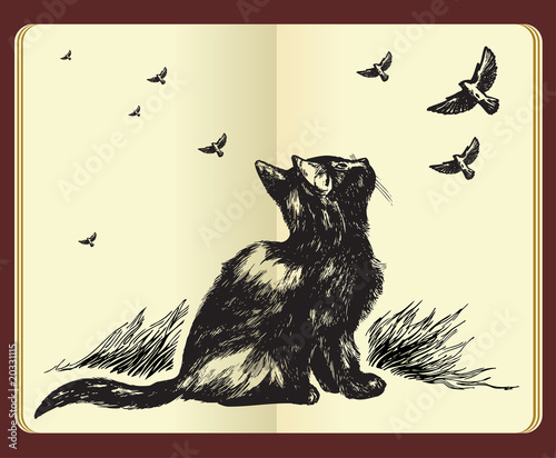 Vector: Moleskine drawing of a cat looking up at flying birds Moleskine drawing of a cat looking up at flying birds