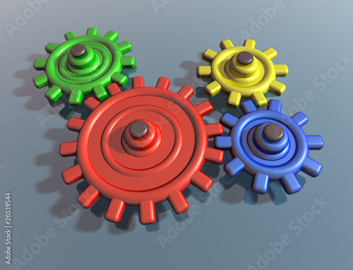 Illustration: Brightly colored interlocking cogs Brightly colored interlocking cogs