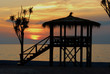 Amazing sunset behind bungalow and tree