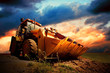 Yellow tractor on golden surise sky Yellow tractor on golden surise sky