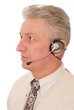 business man pointing upwards on white.
