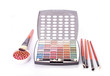 Big eye shadow kit, rouge and brushes on white background Big eye shadow kit, rouge and brushes on white background