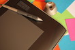 Electronic tablet, pen for drawing and pen holder.