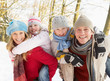 Family Having Fun Snowy Woodland Family Having Fun Snowy Woodland