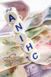 Stack of dices on chinese money.