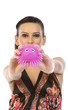 teenage girl showing pink soft toy