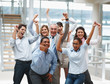 Business success - Happy multi ethnic team with hands up