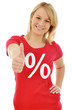 Junge Frau im Sale-Shirt Daumen rauf