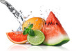 Water splash on  fresh fruits isolated on white
