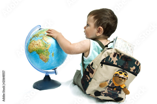 Photo: Baby boy with backpack and globe Baby boy with backpack and globe