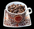 tasse café grains, fond noir