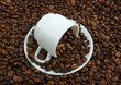 Coffeecup and saucer on coffeebean's heap