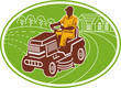 Gardener with lawn mower and house