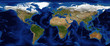 World Map Shaded Relief with Bathymetry and snow cover in Spring