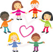Grupo multicultural de niños alrededor de un corazón Grupo multicultural de niños alrededor de un corazón